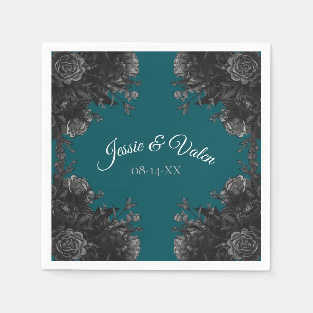 Turquoise Black Grey Roses Gothic Wedding Napkin (Front)