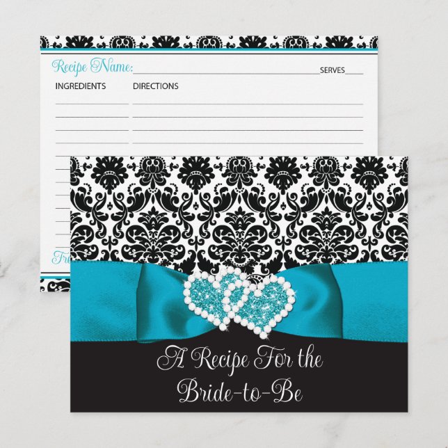 Turquoise, Black Love Hearts Bridal Recipe Card (Front/Back)