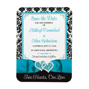 Turquoise, Black Love Hearts Wedding Save the Date Magnet