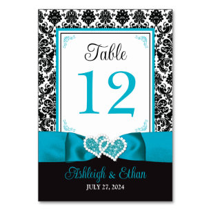 Turquoise, Black Love Hearts Wedding Table Number