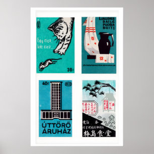 Turquoise & Black Matchbox Labels Grid Print