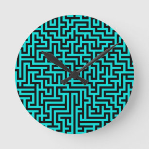 Turquoise Black Maze Lines Round Clock