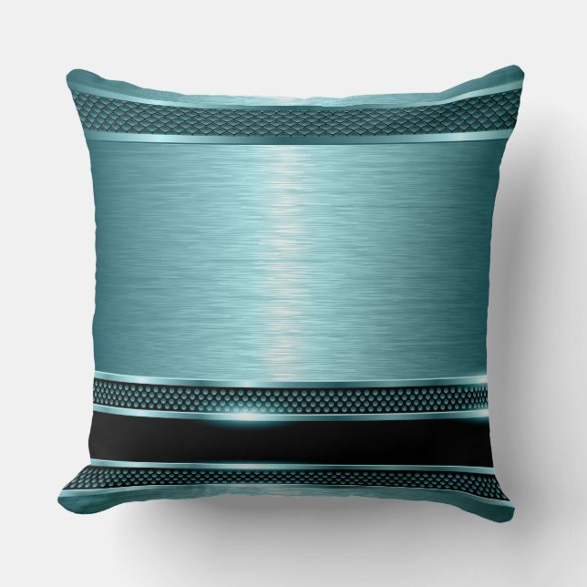 Turquoise & Black Metallic Brushed Aluminum Look Throw Pillow (Front)