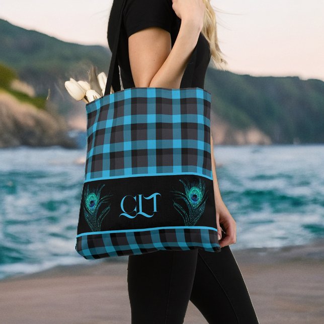 Turquoise Black Plaid Peacock Feathers Monogram Tote Bag (Creator Uploaded)