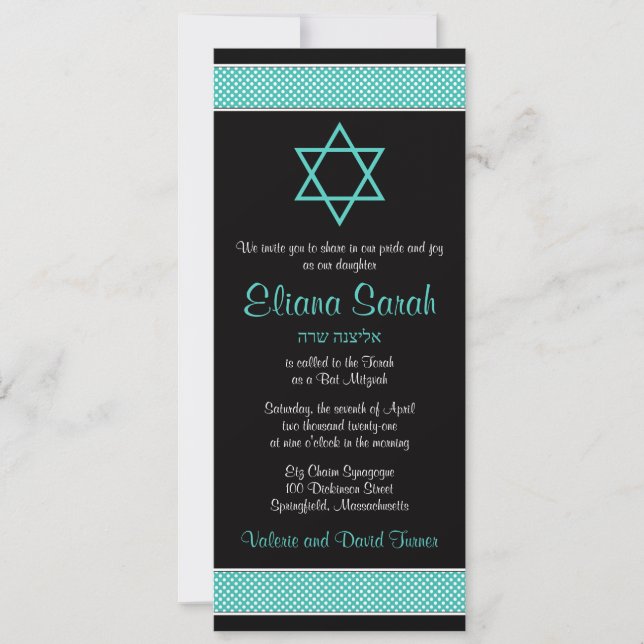Turquoise Black Polka Dot Bat Mitzvah Invitation (Front)