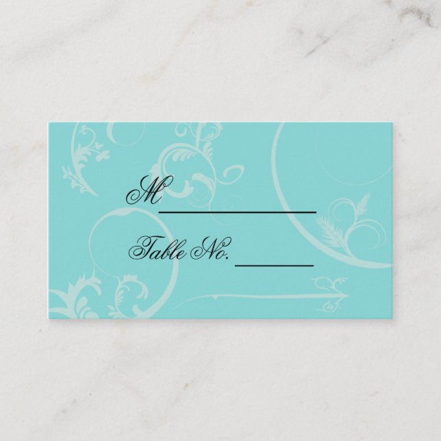 Turquoise Black Swirl Flourish Wedding Place Card (Front)