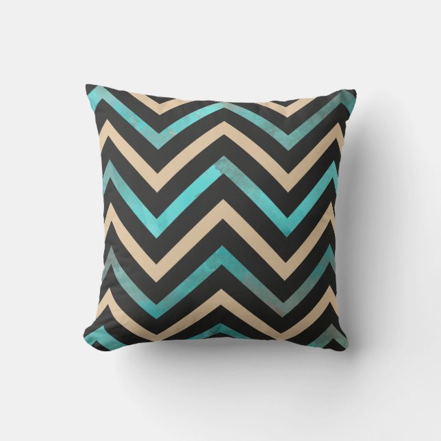 Turquoise Black Tan Chevron Throw Pillow (Front)