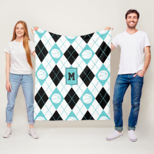 turquoise black white basketball themed argyle fleece blanket