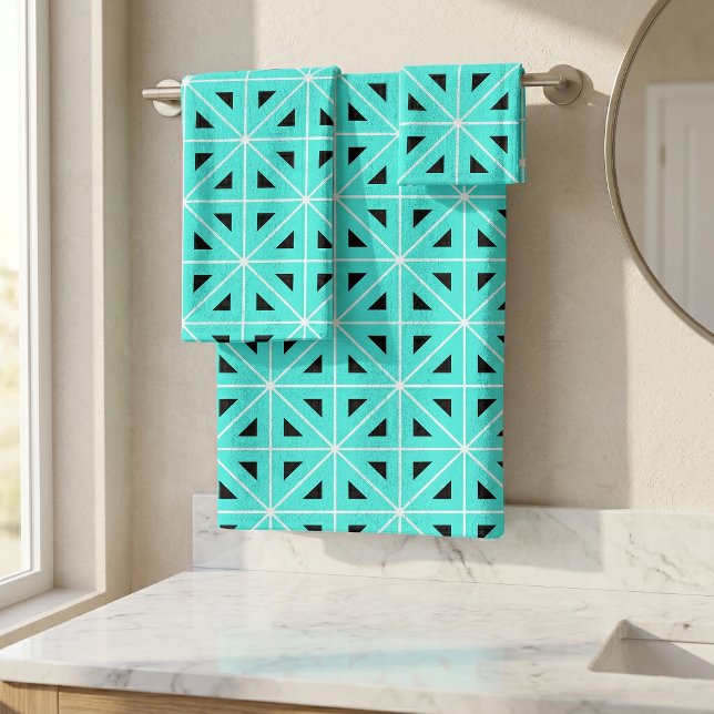 Turquoise Black & White Chic Geometric Pattern Bath Towel Set (Creator Uploaded)