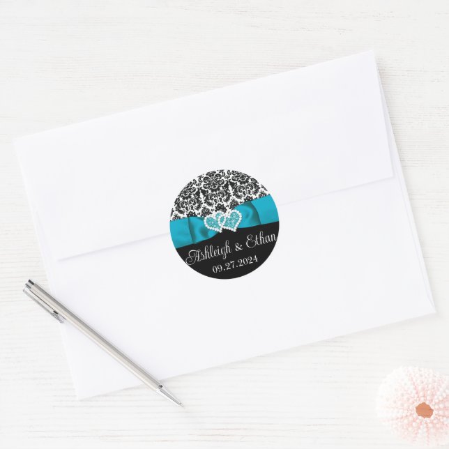 Turquoise, Black, White Damask Love Hearts Wedding Classic Round Sticker (Envelope)
