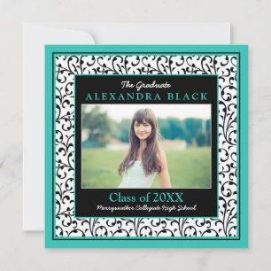 Turquoise Black White Floral Photo Graduation Invitation