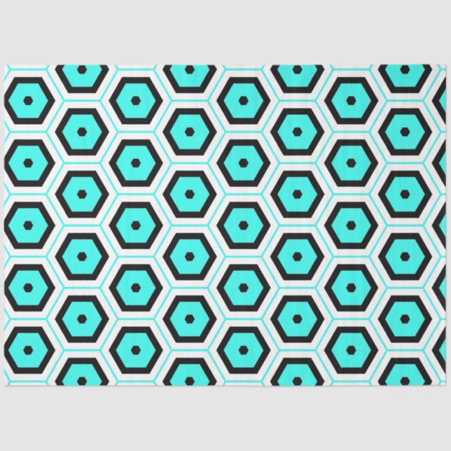 Turquoise Black White Honeycomb Geometric Pattern Tissue Paper (Front)