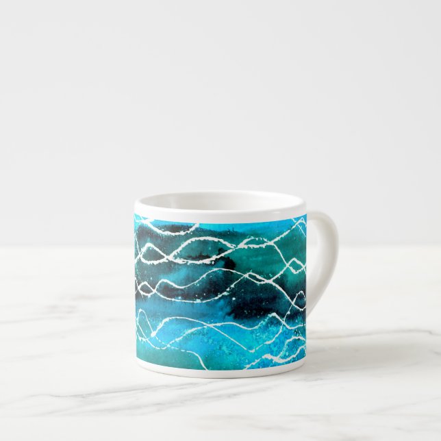 Turquoise, Black, White 'Waves'  Espresso Mug (Front Right)