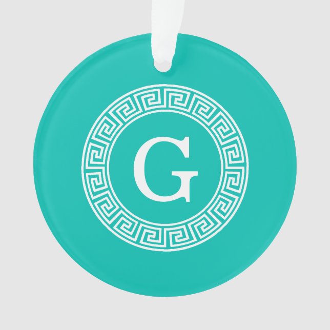 Turquoise Blanc Clé grecque Cadre Ronde Monogramme (devant)