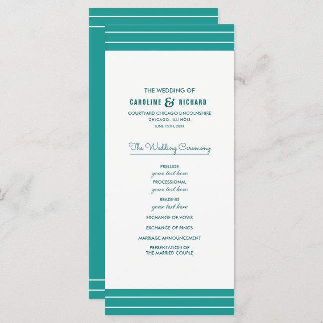 Turquoise Blanc Élégant Mariage Programmes (Devant / Derrière)