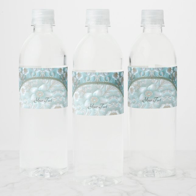Turquoise blanc floral Étiquette bouteille d'eau (Bouteilles)