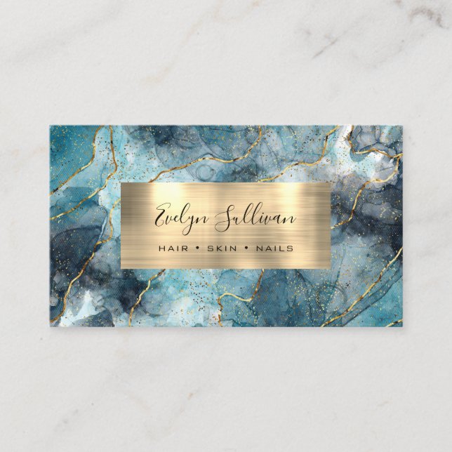 turquoise bleu Aquarelle Gold Veins Carte de visit (Devant)