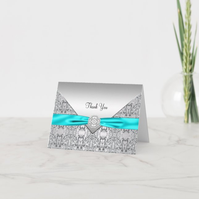 Turquoise Bleu Argent Élégant Carte de remerciemen (Devant)