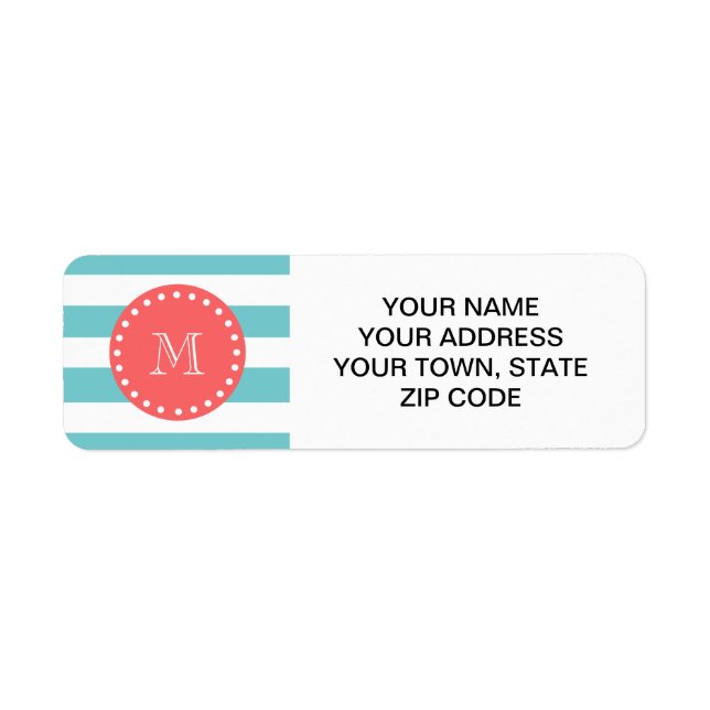 Turquoise Bleu Blancs Motif, Coral Monogramme (Devant)