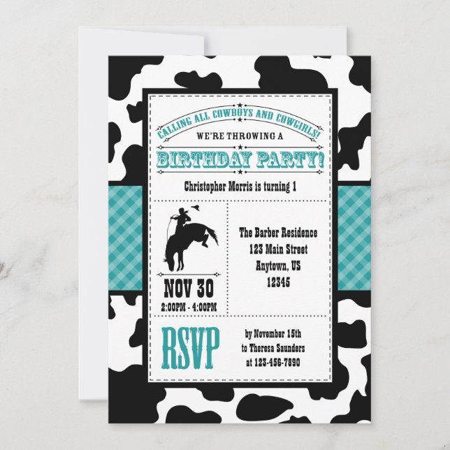 Turquoise Bleu Cowhide Cowboy Invitation d'anniver (Devant)