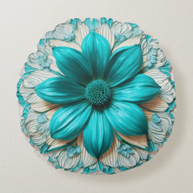 Turquoise Bloom Round Floral Charm Round Pillow (Front)