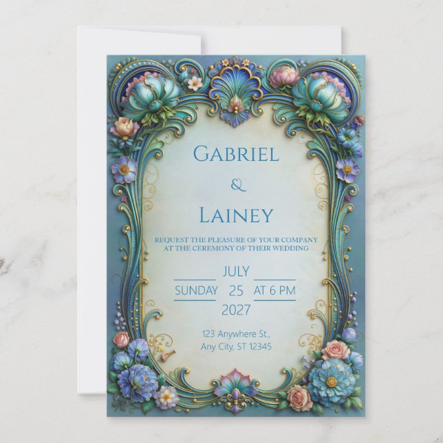 Turquoise Blossom Scroll Wedding Invitation (Front)