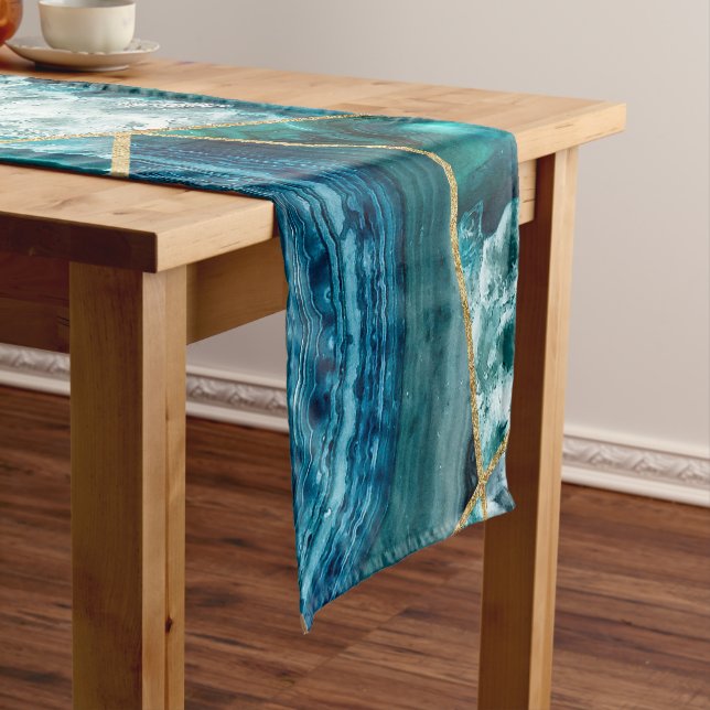 Turquoise Blue Agate Black Gold Geometric Triangle Short Table Runner (In Situ)