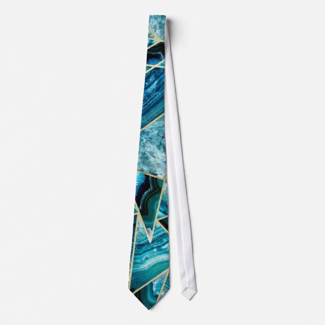 Turquoise Blue Agate Black Gold Geometric Triangle Tie (Front)
