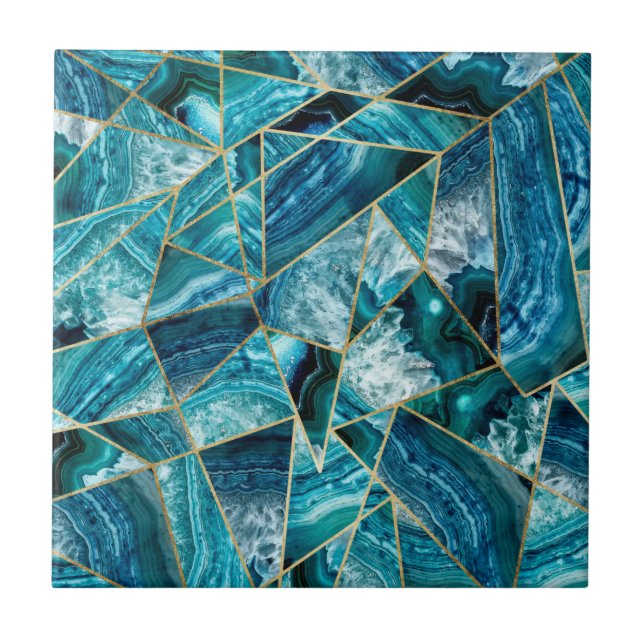 Turquoise Blue Agate Black Gold Geometric Triangle Tile (Front)