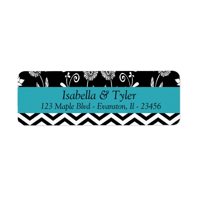 Turquoise Blue and Black Floral Adresse de retour (Devant)