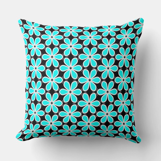 Turquoise Blue and Black Floral Pattern  Throw Pillow (Front)
