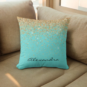 Turquoise Blue and Black Glitter Sparkle Monogram Throw Pillow