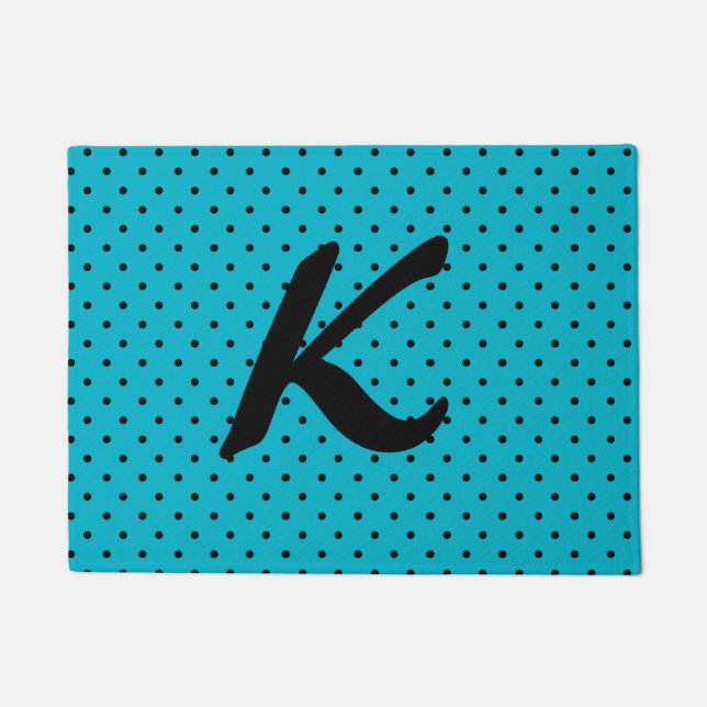 Turquoise Blue and Black Polka Dot Door Mat (Front)