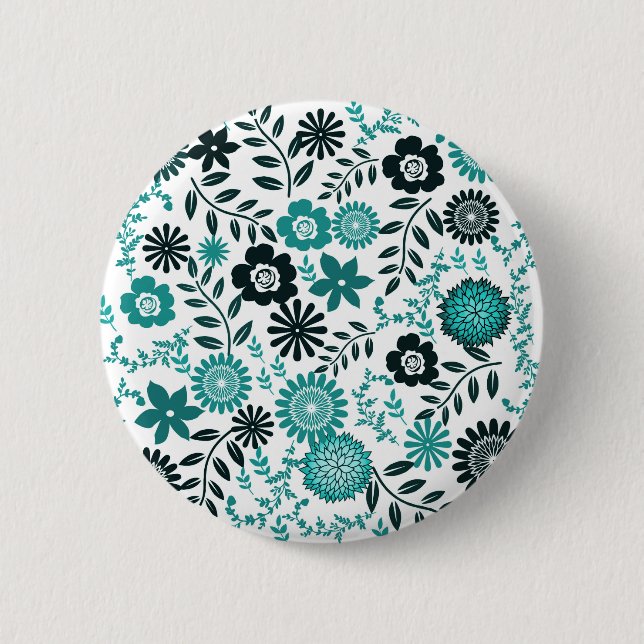 Turquoise blue and dark olive green pattern floral 2 inch round button (Front)