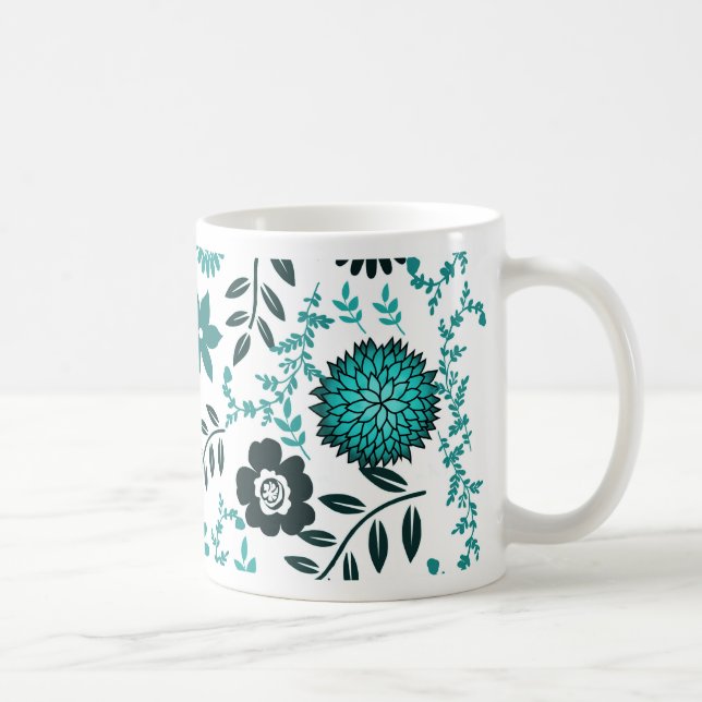 Turquoise blue and dark olive green pattern floral coffee mug (Right)