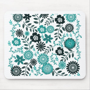 Turquoise blue and dark olive green pattern floral mouse pad