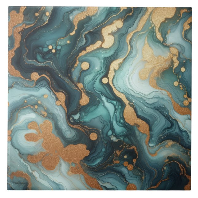 Turquoise Blue and Gold Alcohol Ink Tile (Front)