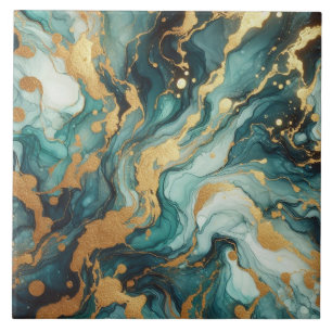 Turquoise Blue and Gold Alcohol Ink Tile