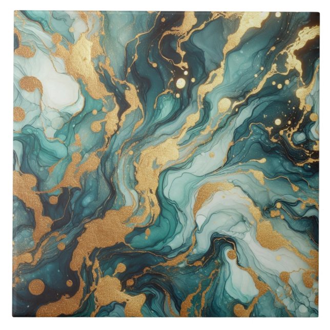 Turquoise Blue and Gold Alcohol Ink Tile (Front)