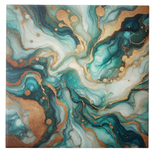 Turquoise Blue and Gold Alcohol Ink Tile