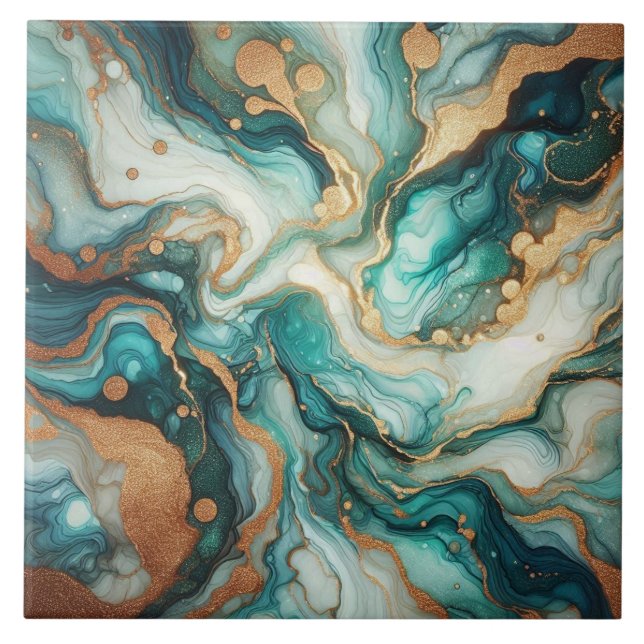 Turquoise Blue and Gold Alcohol Ink Tile (Front)