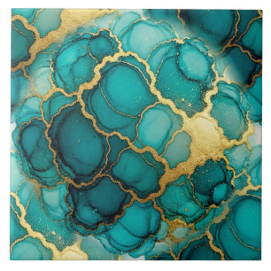 Turquoise Blue and Gold Alcohol Ink Tile