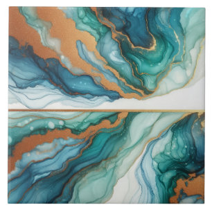 Turquoise Blue and Gold Alcohol Ink Tile