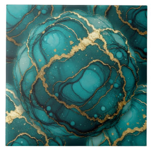 Turquoise Blue and Gold Alcohol Ink Tile