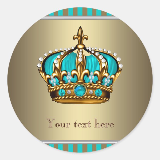 Turquoise Blue and Gold Crown Classic Round Sticker (Front)