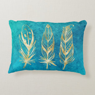 Turquoise Blue and Gold Feathers Accent Pillow
