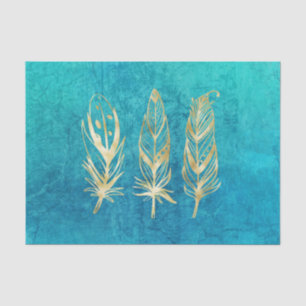 Turquoise Blue and Gold Feathers Classic Tissue Paper