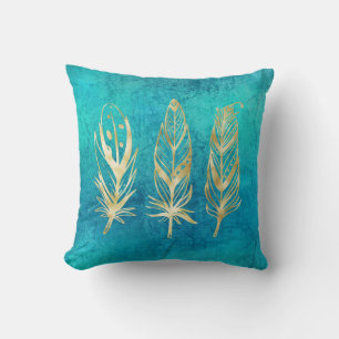Turquoise Blue and Gold Feathers Throw Pillow
