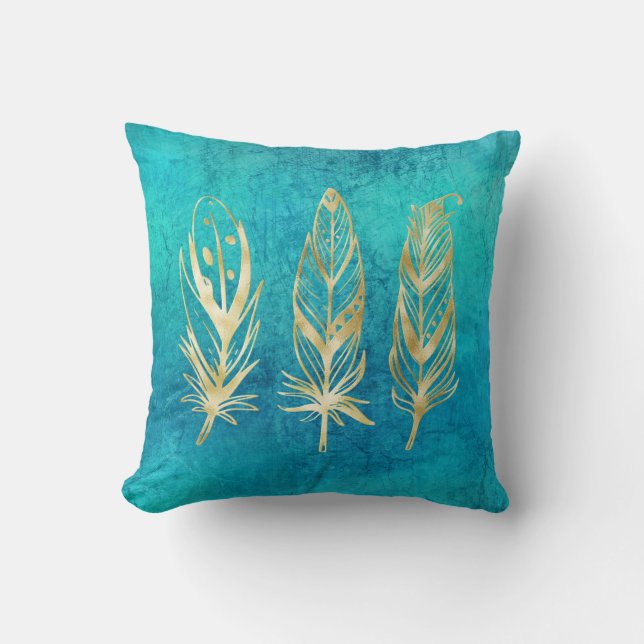Turquoise Blue and Gold Feathers Throw Pillow (Front)