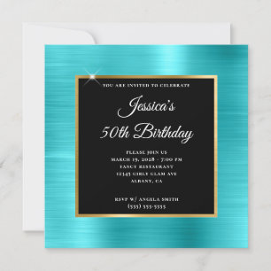 Turquoise Blue and Gold Foil Black 50th Birthday Invitation